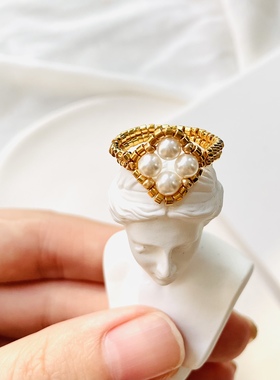 珍珠少女手工串珠戒指尺寸可定