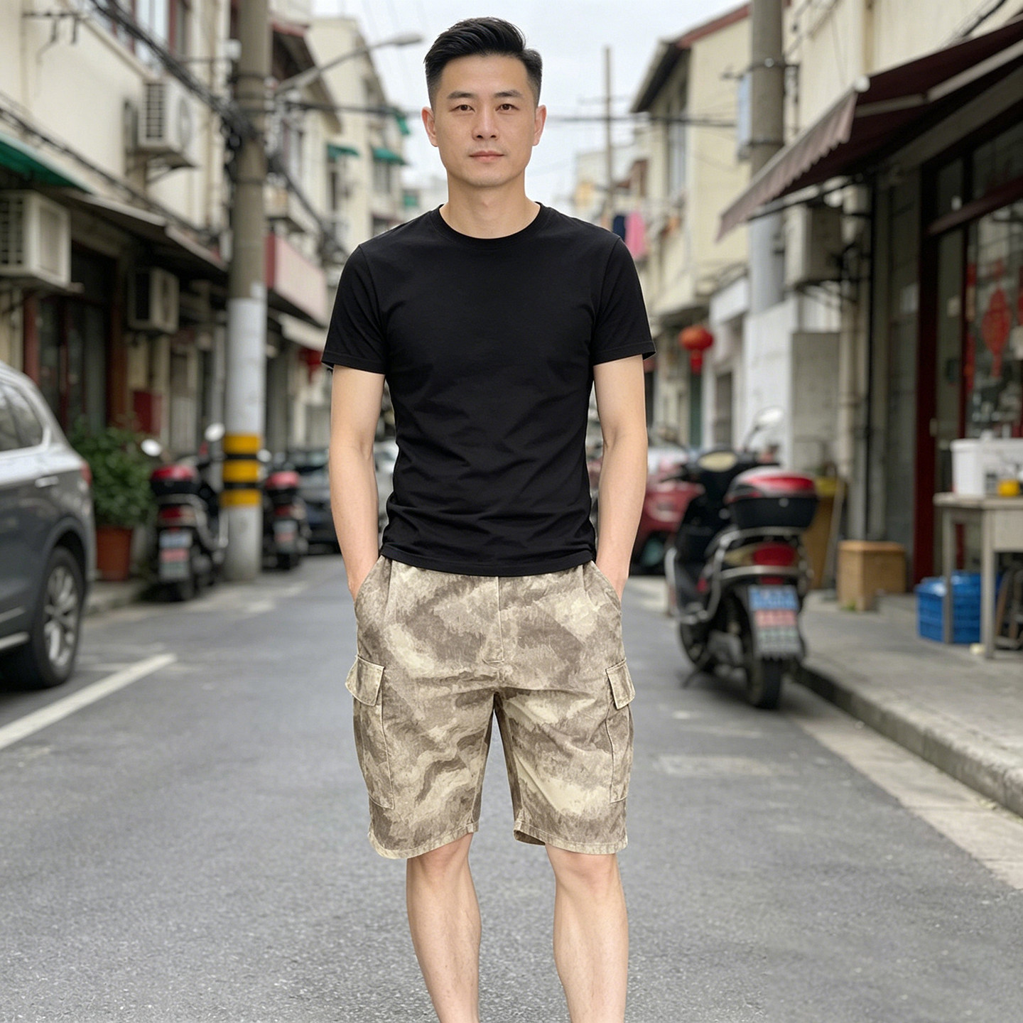 高端美式废墟迷彩短裤男款夏季多兜宽松休闲工装大码五分裤大裤衩