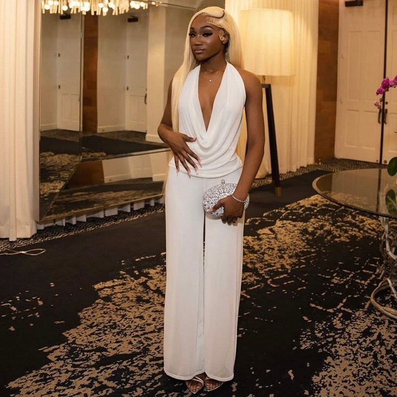 欧美风性感挂脖深V露背上衣 高腰轻奢显瘦阔腿长裤纯色时尚两件套,女装/女士精品,时尚套装,淘宝优惠券,粉丝福利购,淘宝优惠卷