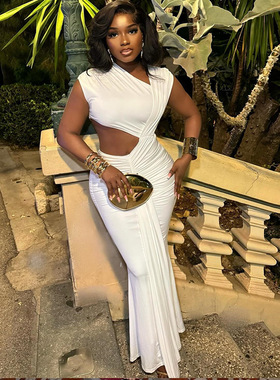 欧美风ins外贸女装时尚纯色连衣裙斜领无袖飘带鱼尾气质裙子Dress