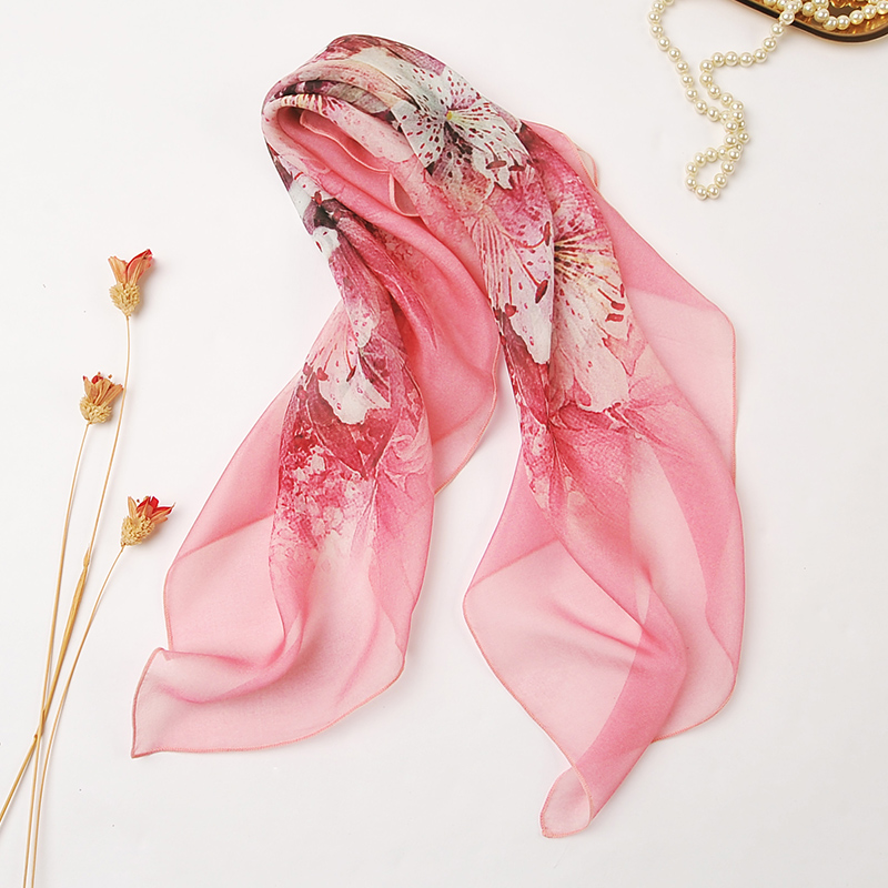 【微瑕】100%桑蚕丝粉色百合真丝小方巾女士高档春秋薄款丝巾围巾