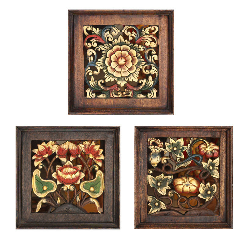 特惠泰国木雕画鸡蛋花实木小挂件东南亚走廊餐厅背景带框装饰挂饰