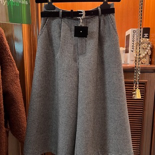 高端羊毛千鸟格纹阔腿裤子2025秋冬新款复古老钱风毛呢七分裤女士