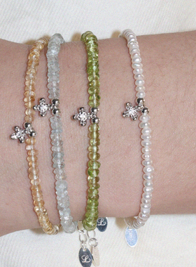 LLab s925精致镶钻小花瓣天然橄榄石/海蓝宝/黄水晶/珍珠手链多色