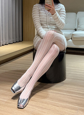 小众复古蕾丝提花竖条纹天鹅绒连裤袜20D网袜个性白色高级感丝袜