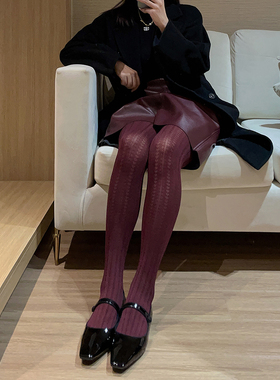 小众复古提花竖纹显瘦打底袜春秋连裤袜女安可拉红酒红50D厚丝袜