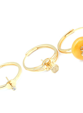 S925纯银小平安扣戒指托日韩黄金色算盘珠扁珠女银活口戒指空托