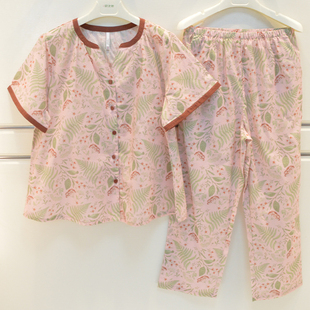 妮可雅睡衣2025夏女士纯棉梭织薄款 家居服 唯美花高贵V领短袖 长裤
