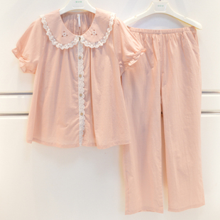 妮可雅睡衣夏女士60支梭织纯棉竹节甜美公主风时尚短袖长裤家居服