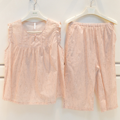 妮可雅睡衣夏季女士60支纯棉梭织薄款清凉无袖短袖七分裤家居服