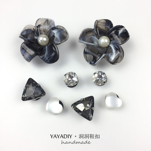 diy鞋 扣花百搭智必星246 花crocs卡骆驰洞洞鞋 黑色泼墨花朵暗黑鞋