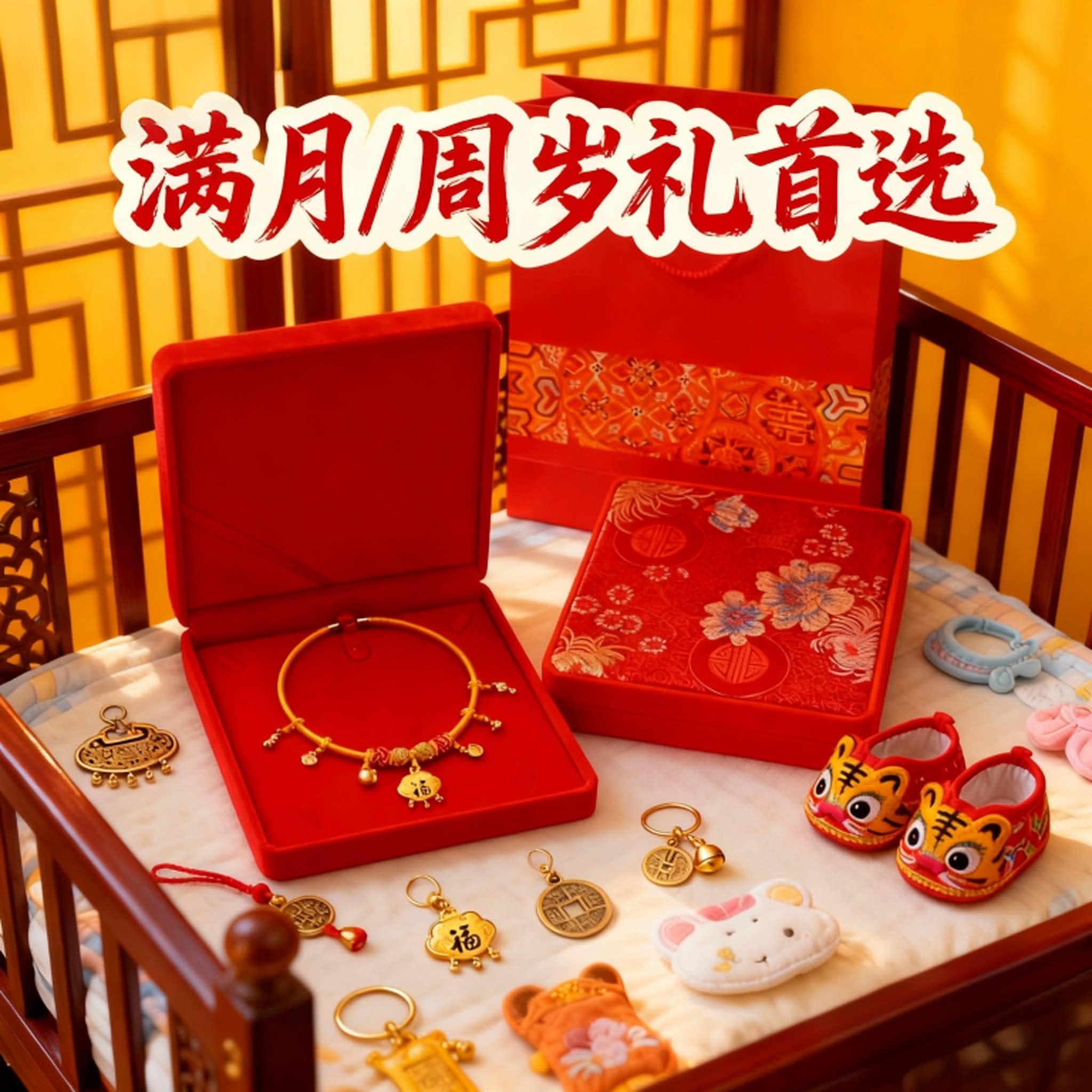宝宝满月周岁礼爆款 国风红锦缎项圈盒+手提袋金饰收纳礼赠显档次