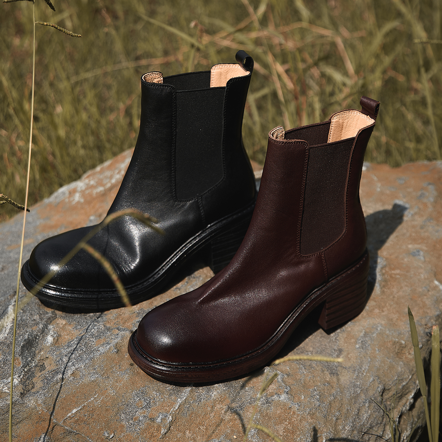 头层牛皮短靴女2025新款秋冬棕色粗跟厚底增高切尔西靴水洗马丁靴