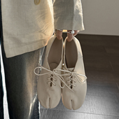 春秋新款 可后踩 芭蕾舞蹈鞋 tabi白色分趾小皮鞋 女系带羊皮软底时尚