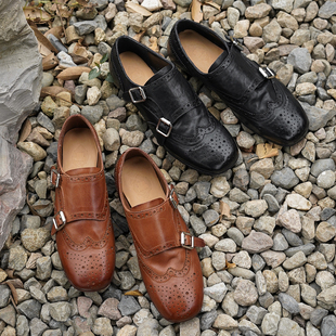 水洗马皮英伦风布洛克雕花复古女鞋孟克鞋双扣方头小皮鞋乐福鞋女