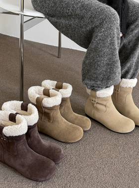 【松果靴】澳洲牛皮博肯圆头短靴毛茸茸防滑加绒保暖内增高雪地靴