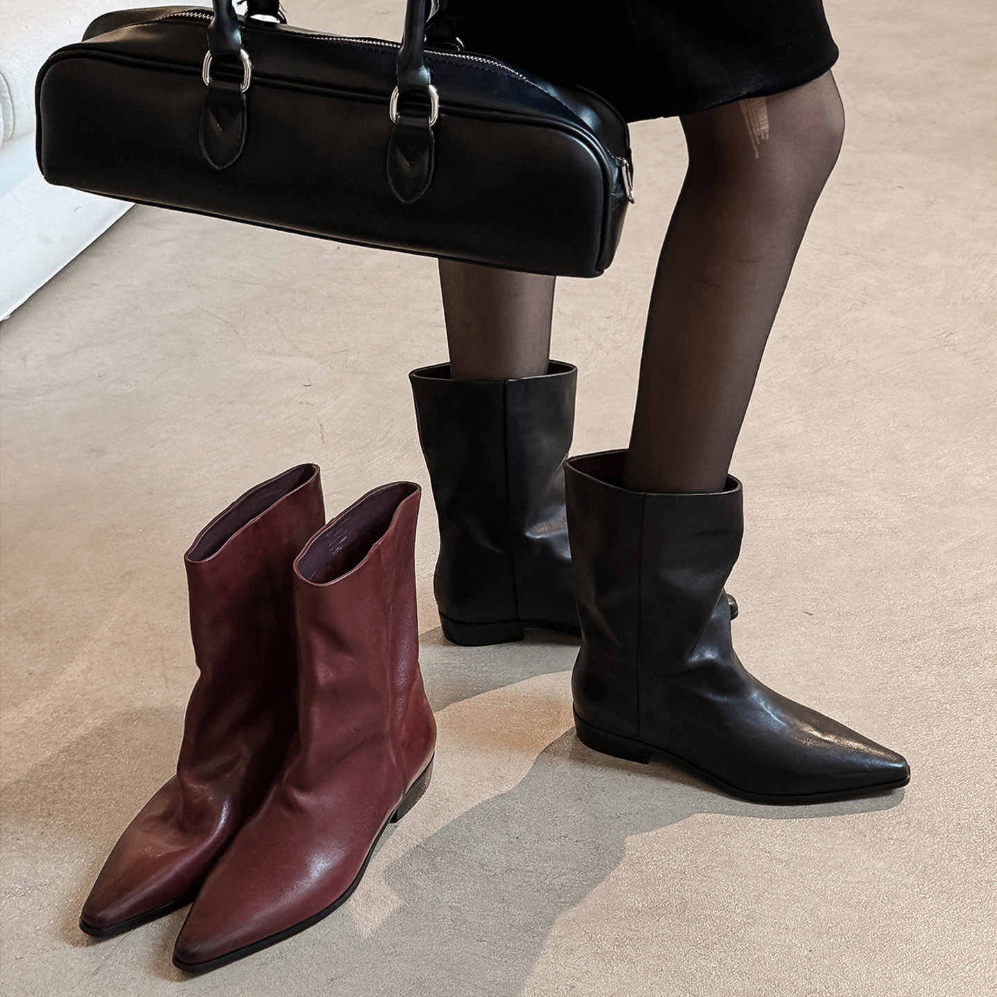 新款秋冬牛皮百搭尖头中筒靴复古真皮显腿长时装靴子时尚短靴单靴,女鞋,时装靴,淘宝优惠券,粉丝福利购,淘宝优惠卷