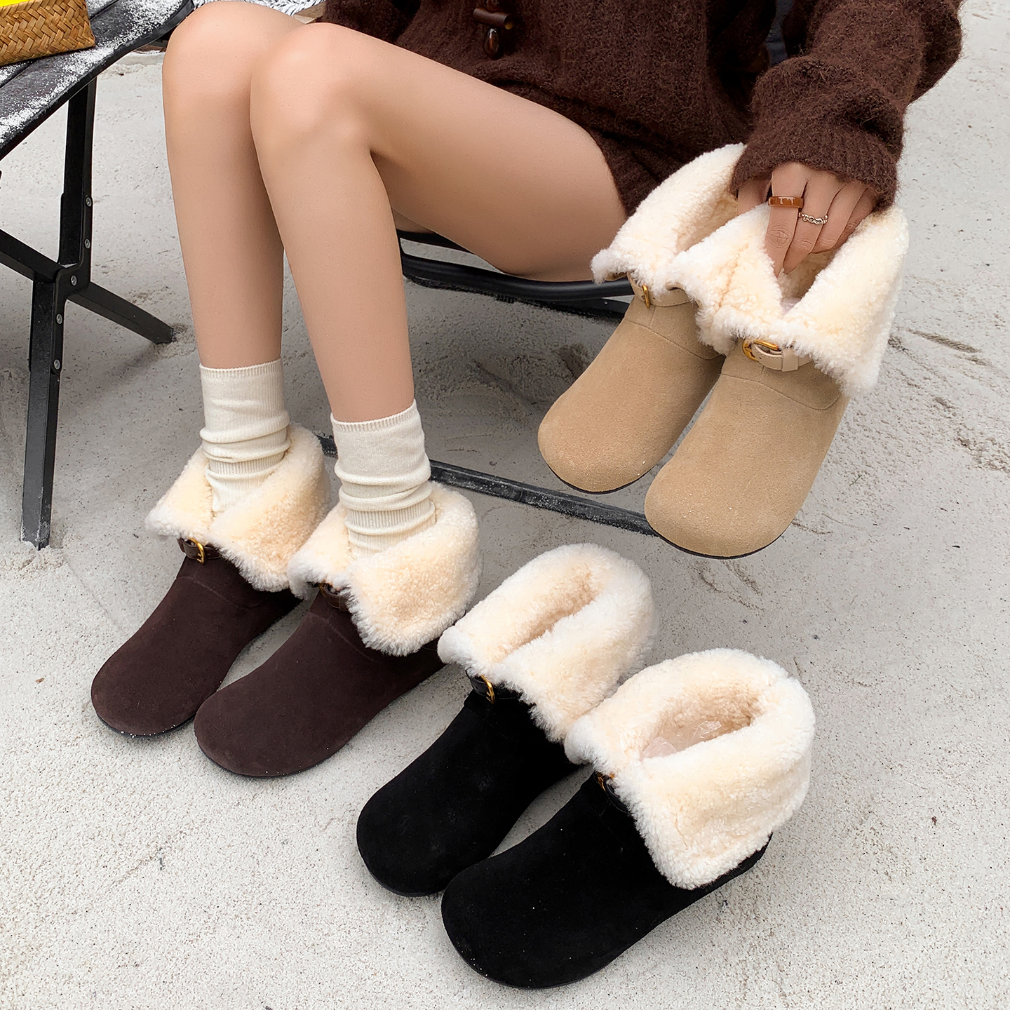 丑萌大头雪地靴女冬季皮毛一体羊毛平底保暖防滑短靴棉靴加绒棉鞋