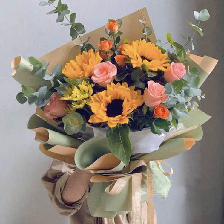 昆明同城送花昆明鲜花速递;祝福鲜花;向日葵粉玫瑰 混搭花束y