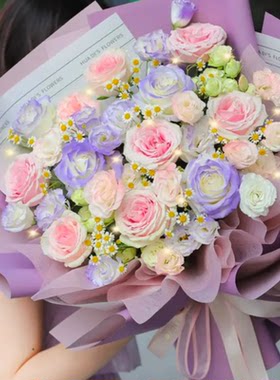 昆明花店昆明鲜花快递 11枝粉玫瑰 碎冰蓝混搭花束
