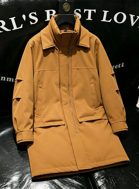 冬季新款男士中长款防水假两件风衣高端加厚保暖羽绒服90白鸭绒