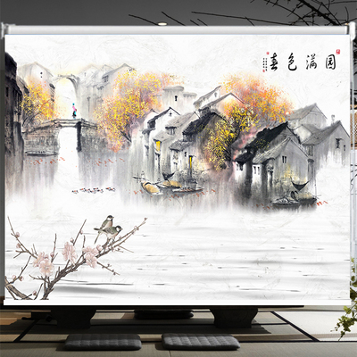 定制卷帘窗帘新中式山水画客厅卧室书房办公室背景卷拉式风景挂画