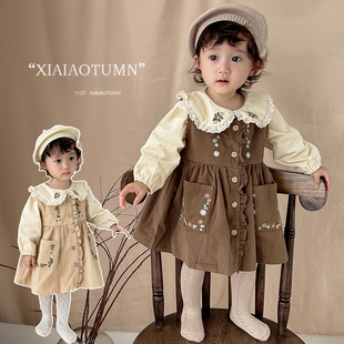 女童连衣裙春秋洋气背心裙森系刺绣花边翻领打底衣小婴童宝宝套装