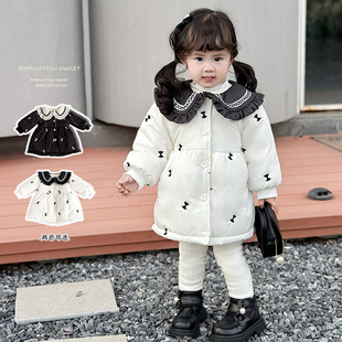 女童中长款外套夹棉加绒上衣服翻领韩版甜美洋气棉衣宝宝棉服冬装