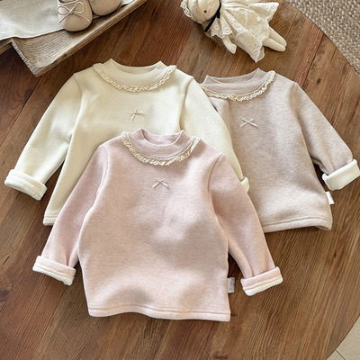 女宝宝加绒打底衫花边韩版百搭冬