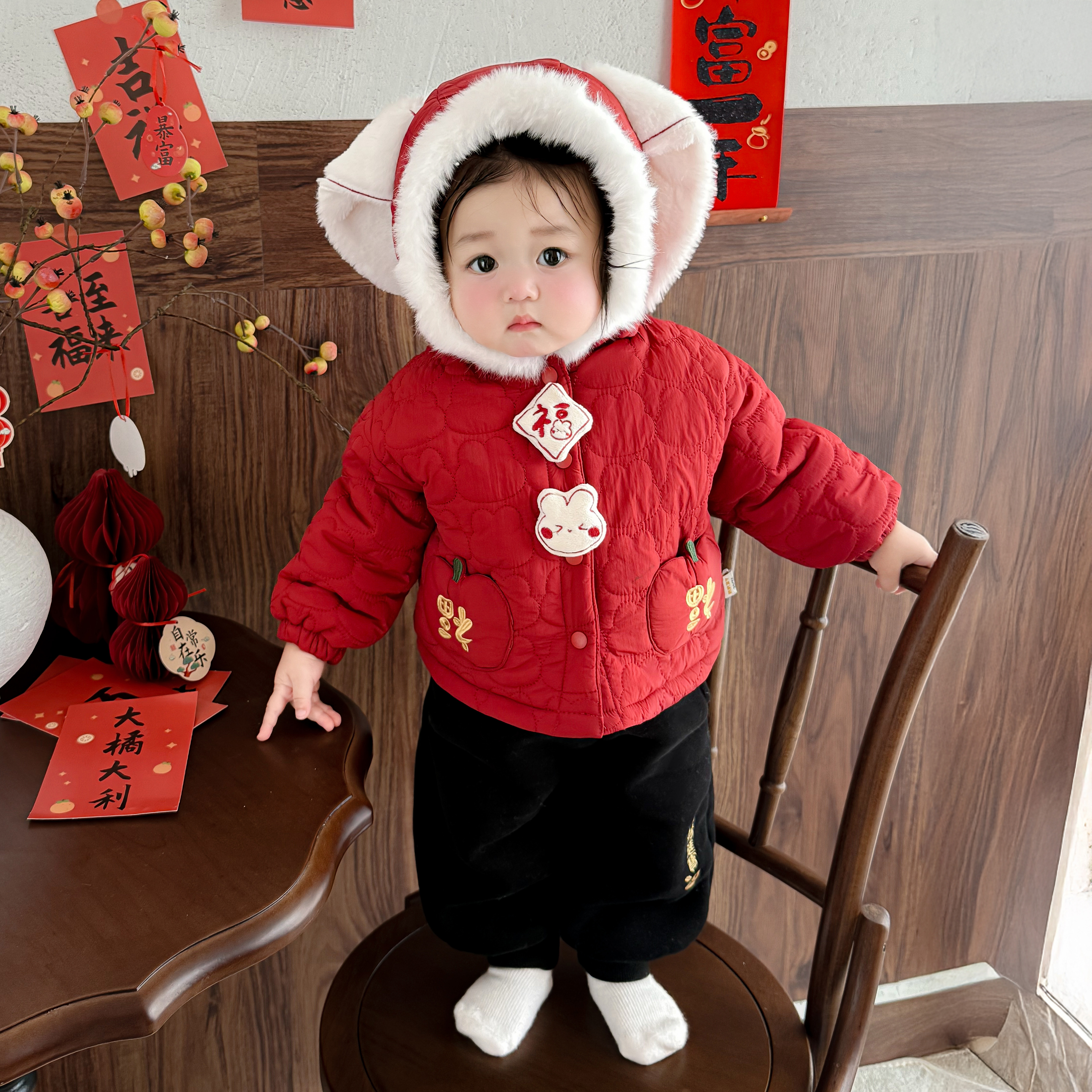 宝宝福气拜年服连帽夹棉加绒外套
