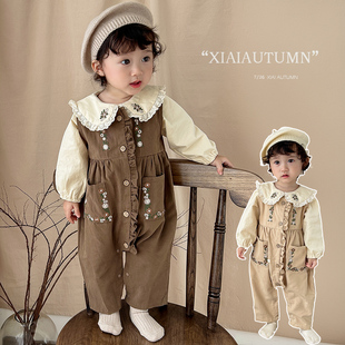 女宝宝套装连体背带裤爬服刺绣翻领打底衣韩版婴儿童秋装洋气时髦
