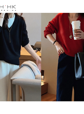 PKH.HK特冬新品 主推BI入红色太美厚暖时髦V领可叠穿羊毛宽松毛衣