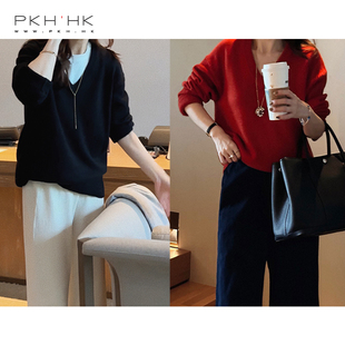 PKH.HK特冬新品 主推BI入红色太美厚暖时髦V领可叠穿羊毛宽松毛衣