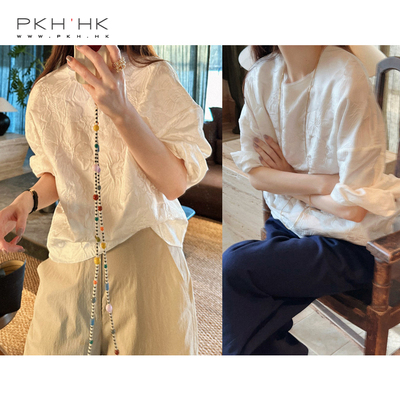 PKH.HK特 新品 时髦仙儿黑白浮雕立体新中式现代廓形圆领上衣