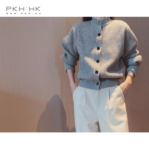 PKH.HK特 秋冬季 文自留！温暖立领羊仔毛点子花纱厚暖开襟毛衣