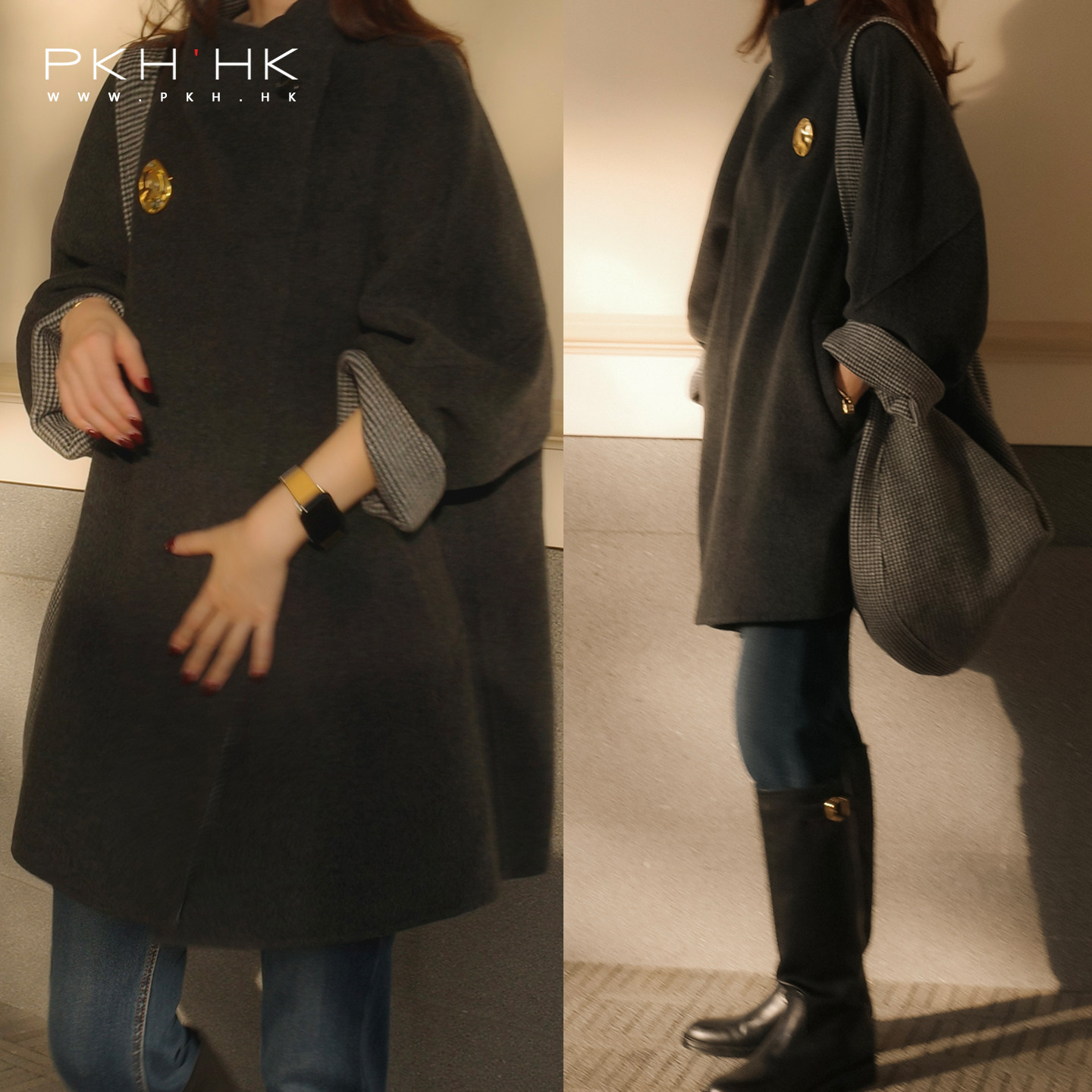 PKH.HK特新冬季时髦灰格纹小众设计配挎包羊绒羊毛双面呢中长大衣,女装/女士精品,毛呢外套,淘宝优惠券,粉丝福利购,淘宝优惠卷