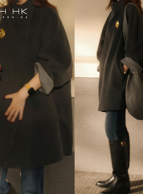 PKH.HK特新冬季时髦灰格纹小众设计配挎包羊绒羊毛双面呢中长大衣