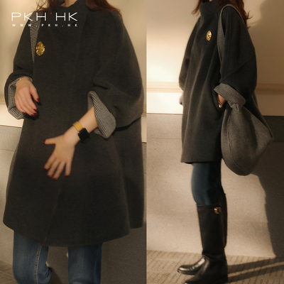 PKH.HK特新冬季时髦灰格纹小众设计配挎包羊绒羊毛双面呢中长大衣