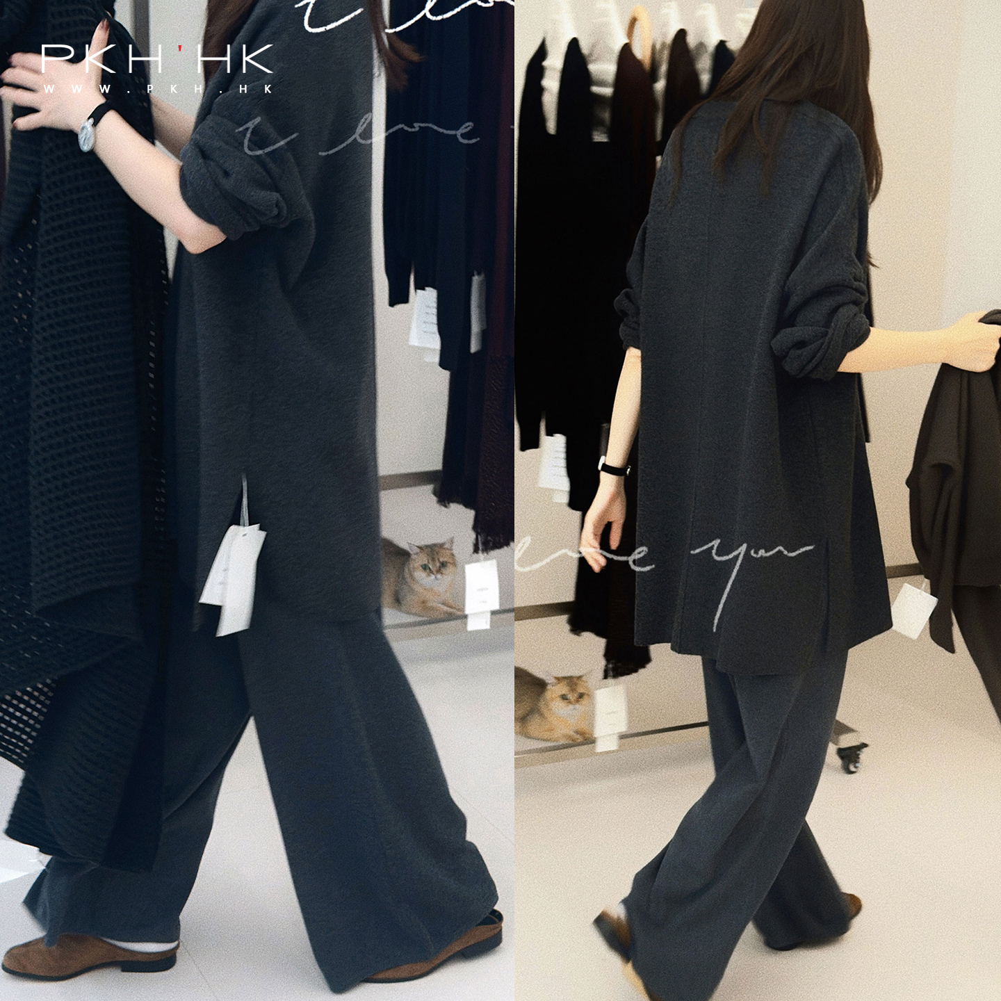 质感黑灰中长毛衣阔腿裤针织套装