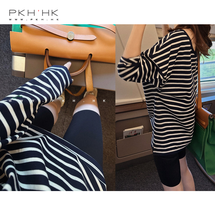 PKH.HK 特 新品 文自留 慵懒松弛后背大U领条纹宽松T恤卫衣