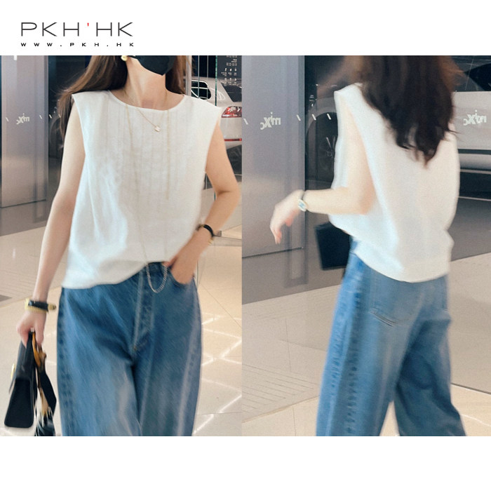 PKH.HK 特 自留 夏日呼吸感 100%亚麻精致清爽友好遮手臂无袖上衣