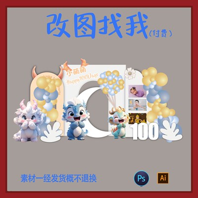 BBY477.蓝色月亮龙宝宝周岁生日百天宴背景素材psd ai