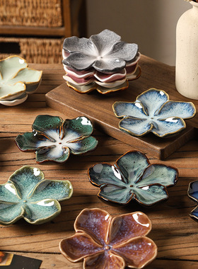 复古日式陶瓷碟花朵形状小碟子创意味碟蘸料碟小菜碟多色窑变碟子