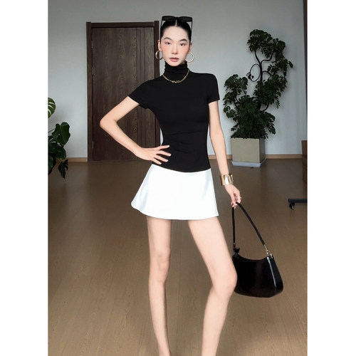 CIZZLEMORE【矜贵女主】时尚拼接撞色半高领短袖掐腰气质连衣裙