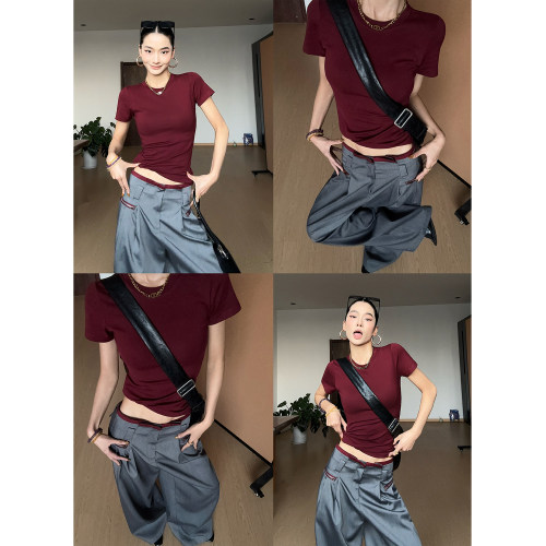 CIZZLEMORE【慵然】美式修身显瘦短袖T撞色腰头直筒休闲西裤套装