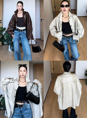 CIZZLEMORE【质感OL】老钱风明线翻领皮衣衬衫宽松廓形中长款上衣