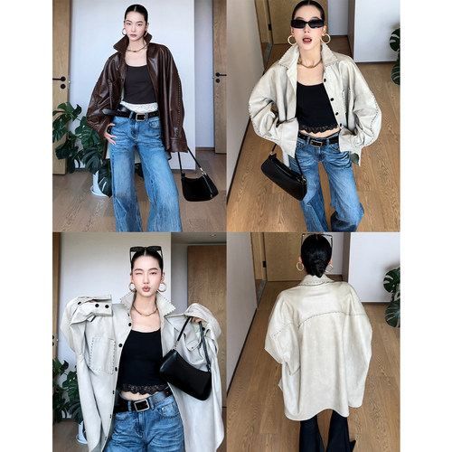 CIZZLEMORE【质感OL】老钱风明线翻领皮衣衬衫宽松廓形中长款上衣