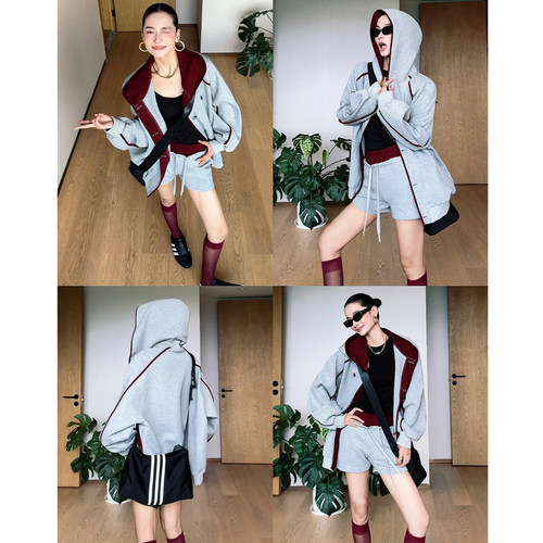 CIZZLEMORE别致异想撞色刺绣开衫连帽休闲外套卫衣女抽绳简约短裤