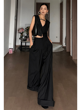 CIZZLEMORE黑色马甲套装女短款坎肩背心上衣高腰显瘦阔腿裤两件套