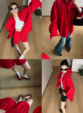 CIZZLEMORE  亨特红时尚阔版松弛休闲衬衫百搭显瘦短裤连帽套装女